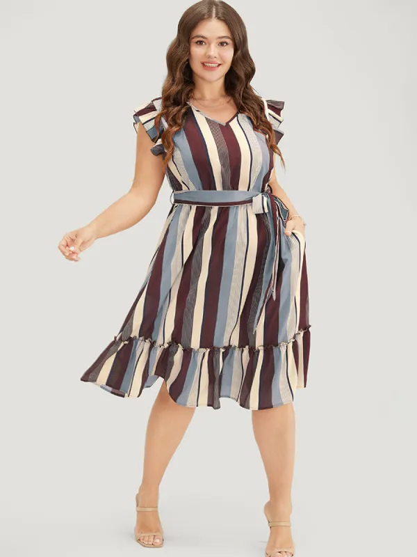 Striped Contrast Cap Sleeve Belted Pocket Ruffle Hem Dress sold by Bloomchic