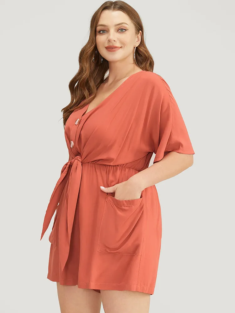 Solid Pocket Button Up Belted Knotted Front Romper sold by Bloomchic product image thumbnail 4