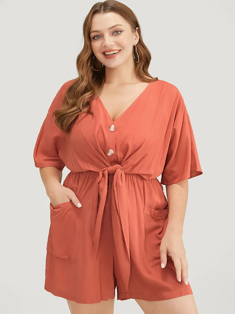 Solid Pocket Button Up Belted Knotted Front Romper sold by Bloomchic product image thumbnail 5