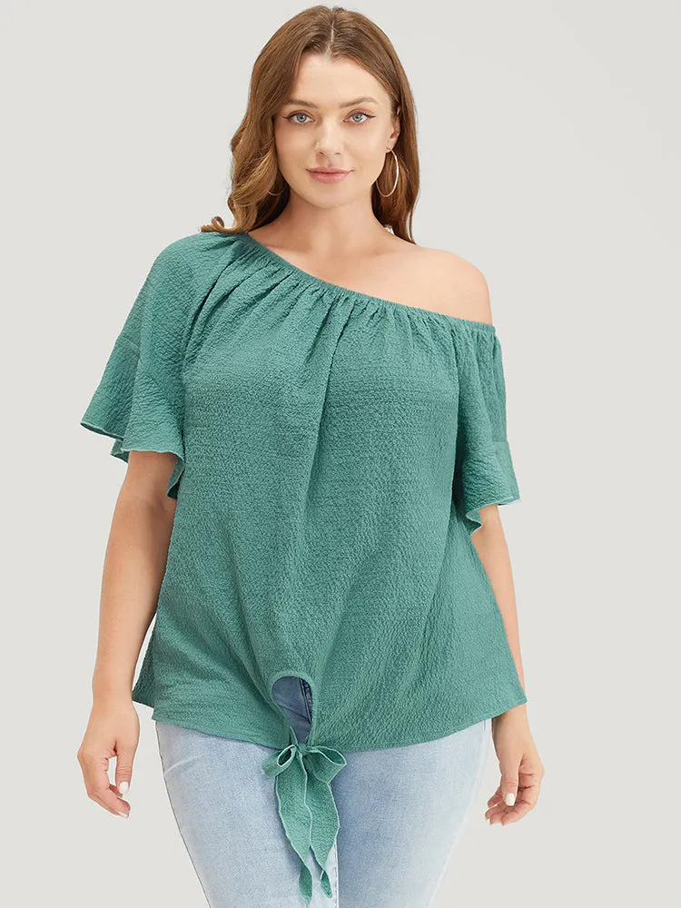 Solid Cut Out Knotted Hem Ruffle Sleeve One Shoulder Blouse sold by Bloomchic product image thumbnail 3