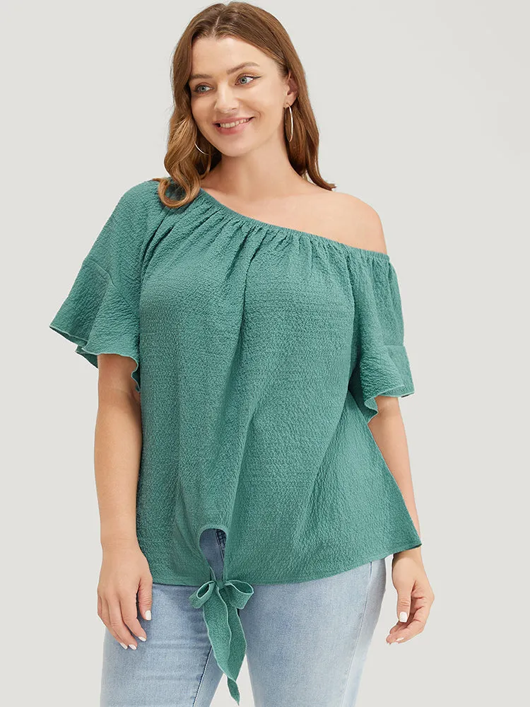Solid Cut Out Knotted Hem Ruffle Sleeve One Shoulder Blouse sold by Bloomchic