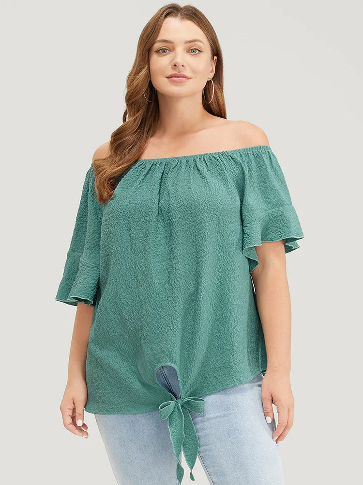 Solid Cut Out Knotted Hem Ruffle Sleeve One Shoulder Blouse sold by Bloomchic product image thumbnail 4