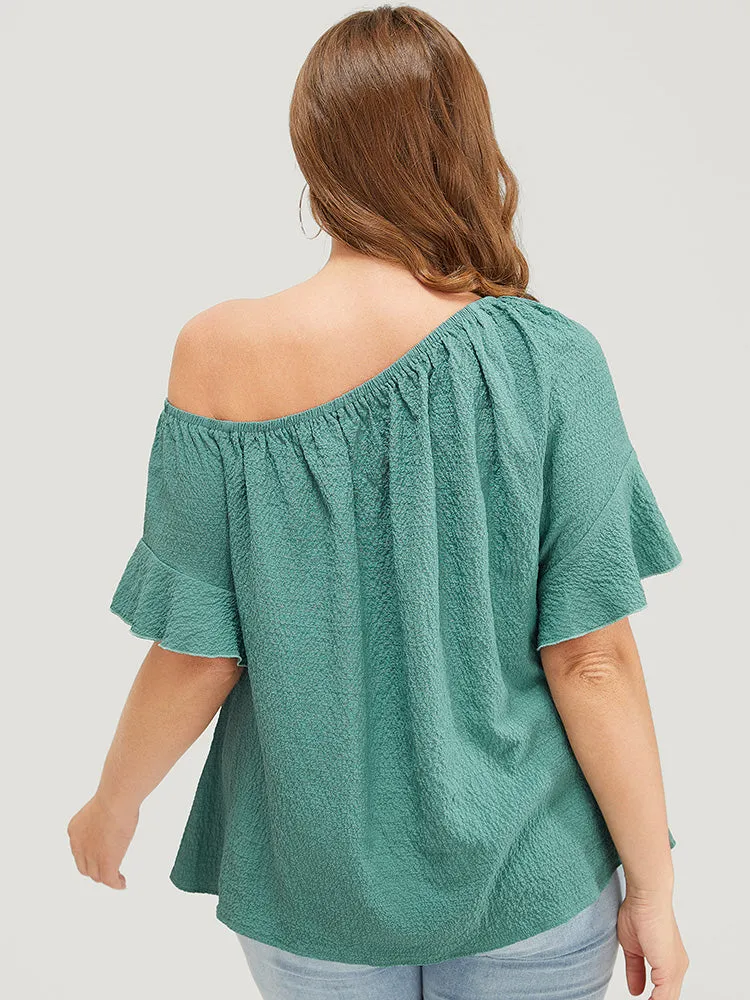 Solid Cut Out Knotted Hem Ruffle Sleeve One Shoulder Blouse sold by Bloomchic product image thumbnail 2