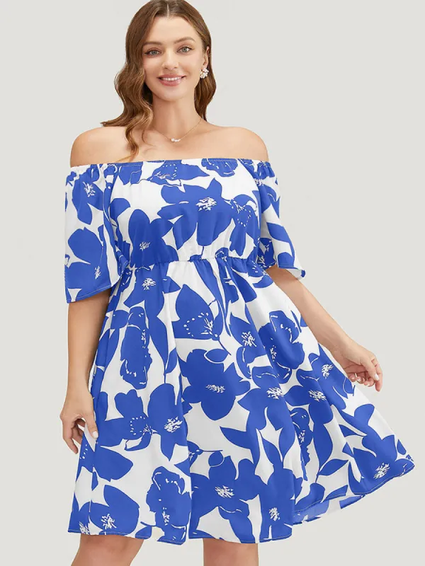 Floral Ruffle Sleeve Pocket Off Shoulder Dress sold by Bloomchic