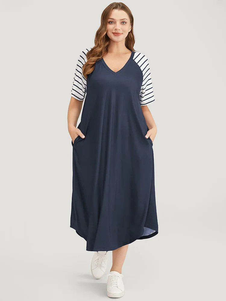Striped Raglan Sleeve Pocket Arc Hem Dress sold by Bloomchic product image thumbnail 2