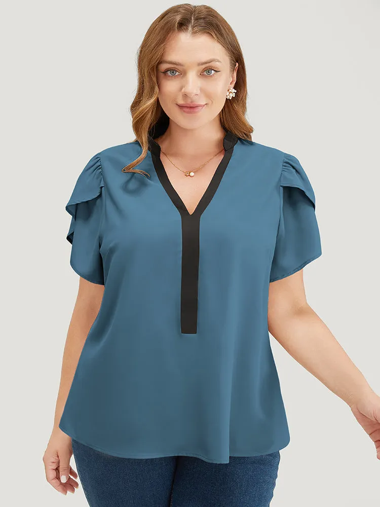Plain Contrast Trim Split Petal Sleeve Blouse sold by Bloomchic