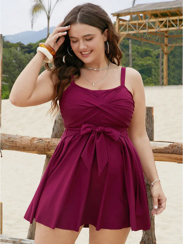 Bowknot Crossover Pleated Detail Swim Dress sold by Bloomchic