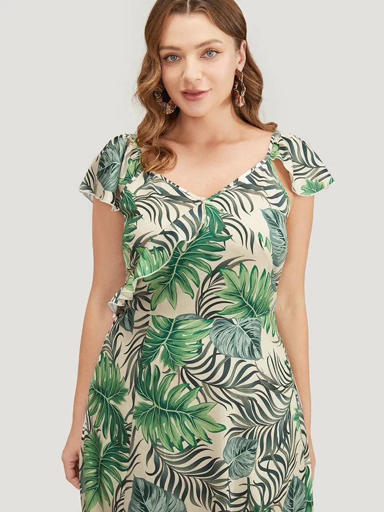 Plant Print Cap Sleeve Pocket Ruffle Trim Split Hem Dress sold by Bloomchic product image thumbnail 4