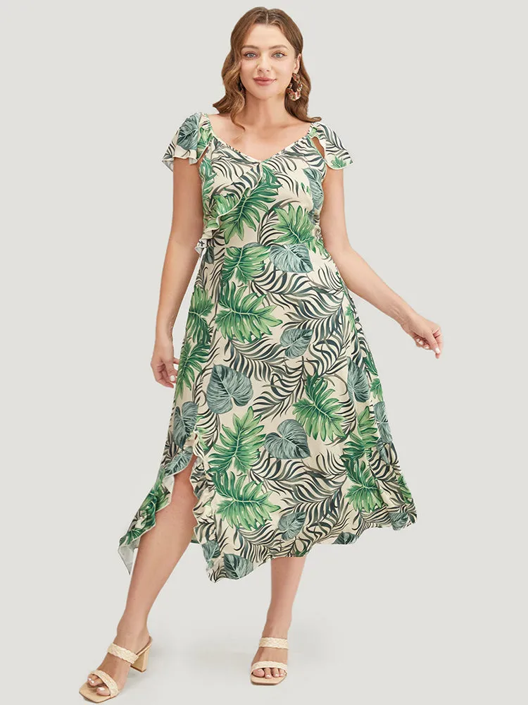 Plant Print Cap Sleeve Pocket Ruffle Trim Split Hem Dress sold by Bloomchic