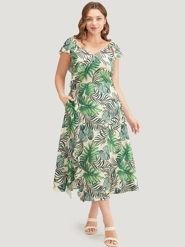 Plant Print Cap Sleeve Pocket Ruffle Trim Split Hem Dress sold by Bloomchic product image thumbnail 5