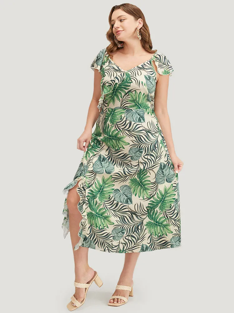 Plant Print Cap Sleeve Pocket Ruffle Trim Split Hem Dress sold by Bloomchic product image thumbnail 2