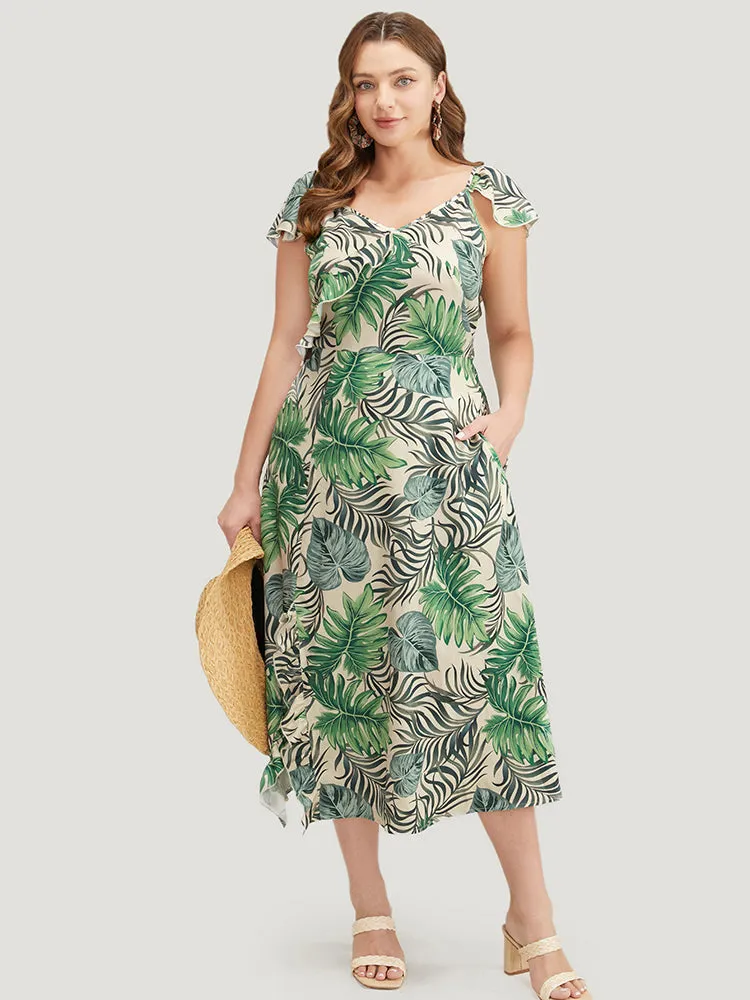 Plant Print Cap Sleeve Pocket Ruffle Trim Split Hem Dress sold by Bloomchic product image thumbnail 3