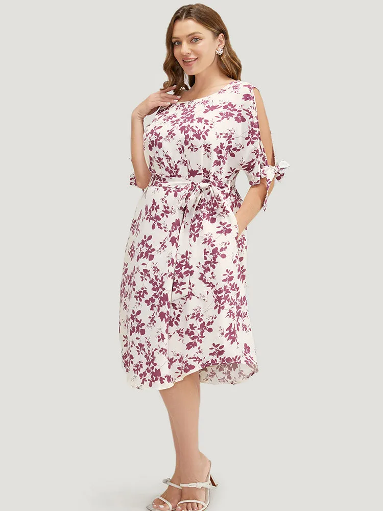 Floral Cold Shoulder Pocket Belted Arc Hem Knotted Sleeve Dress sold by Bloomchic product image thumbnail 4