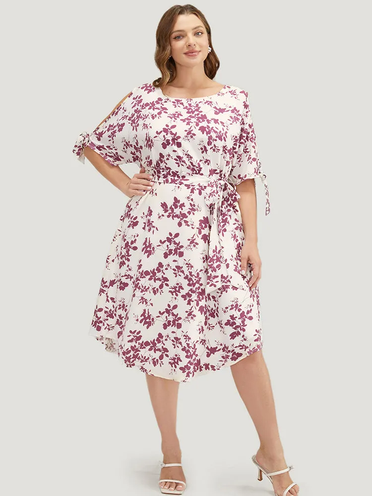 Floral Cold Shoulder Pocket Belted Arc Hem Knotted Sleeve Dress sold by Bloomchic