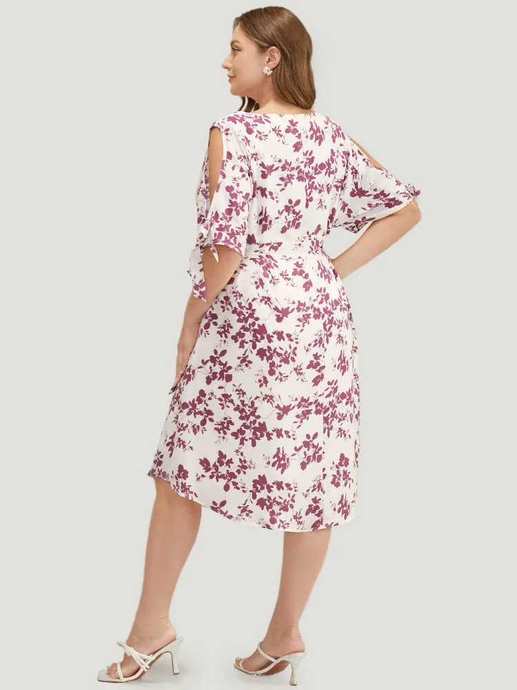 Floral Cold Shoulder Pocket Belted Arc Hem Knotted Sleeve Dress sold by Bloomchic product image thumbnail 5