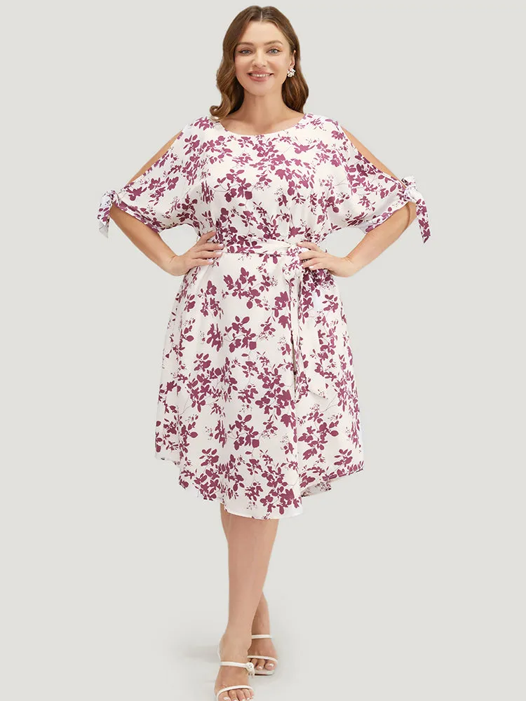 Floral Cold Shoulder Pocket Belted Arc Hem Knotted Sleeve Dress sold by Bloomchic product image thumbnail 2