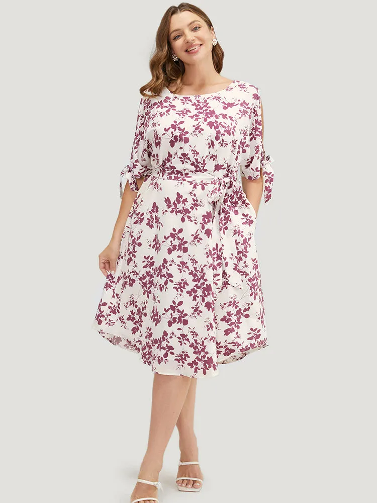 Floral Cold Shoulder Pocket Belted Arc Hem Knotted Sleeve Dress sold by Bloomchic product image thumbnail 3