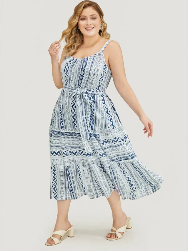Geometric Print Belted Flutter Tiered Pocket Cami Dress sold by Bloomchic