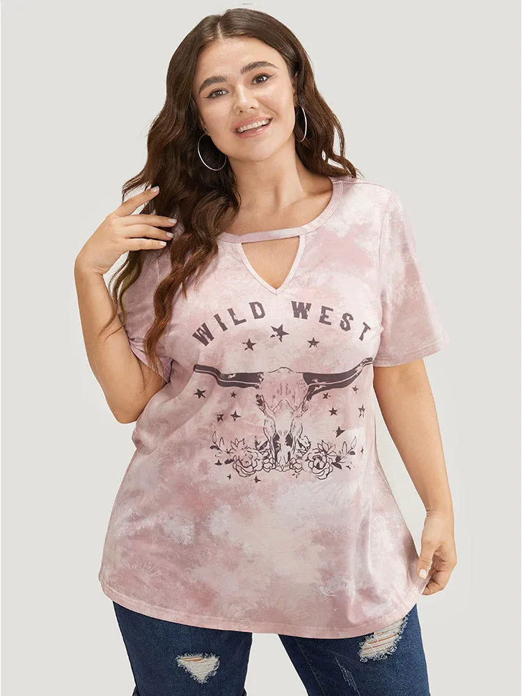 Letter & Star Print Keyhole Tie Dye T-shirt sold by Bloomchic
