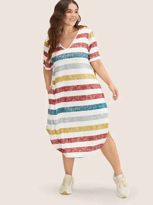 Striped Contrast Arc Hem V Neck Pocket Dress sold by Bloomchic