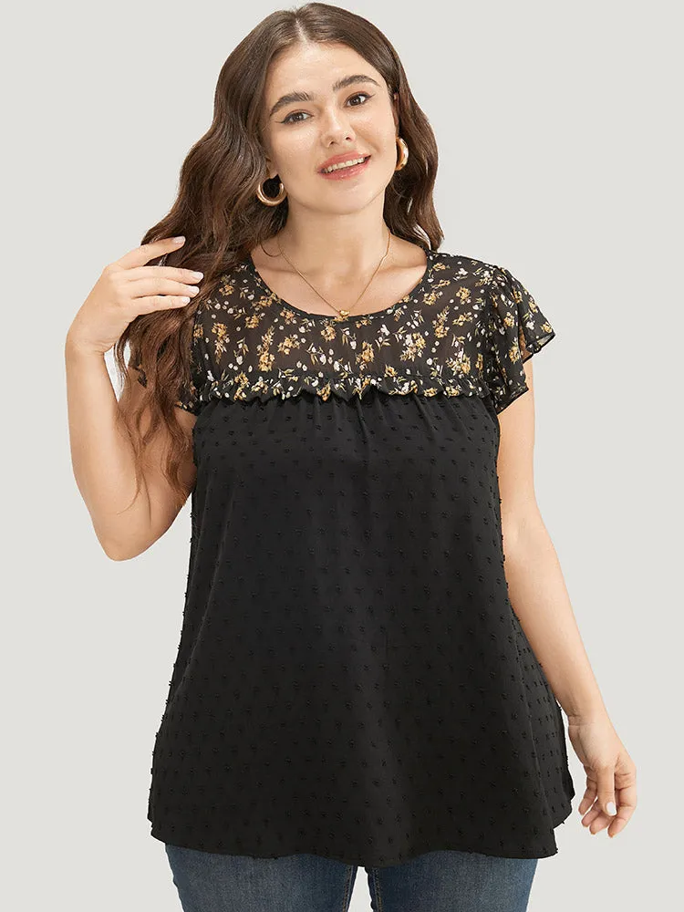 Ditsy Floral Patchwork Ruffle Cap Sleeve Blouse sold by Bloomchic