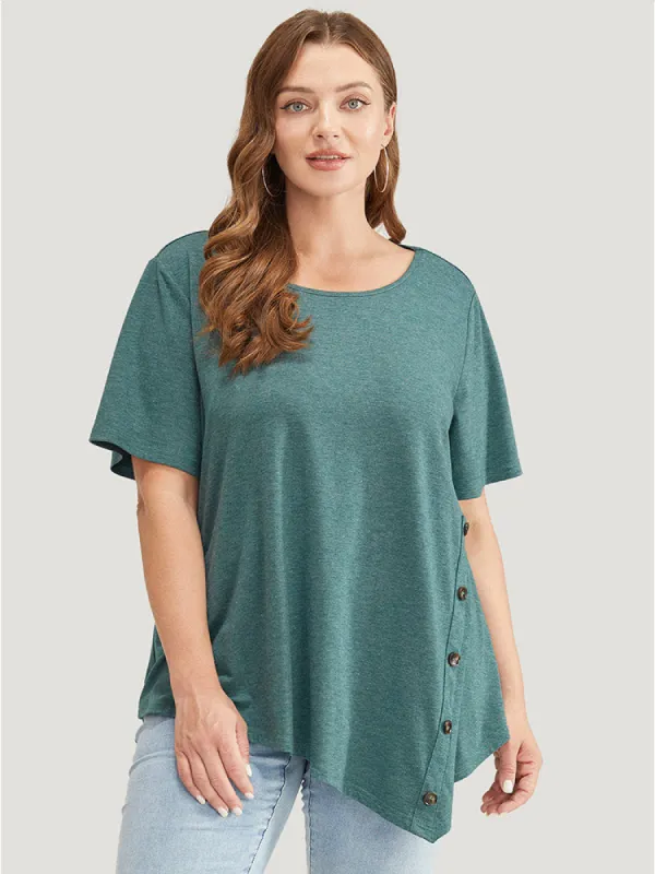 Solid Asymmetrical Hem Button Detail Ruffles T-shirt sold by Bloomchic