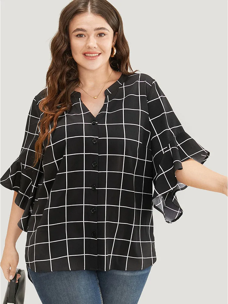 Plaid Notched Button Up Ruffle Sleeve Split Hem Blouse sold by Bloomchic