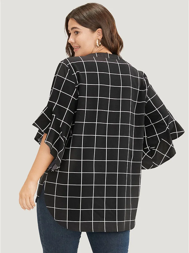 Plaid Notched Button Up Ruffle Sleeve Split Hem Blouse sold by Bloomchic product image thumbnail 5