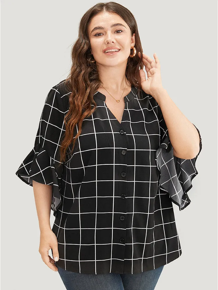 Plaid Notched Button Up Ruffle Sleeve Split Hem Blouse sold by Bloomchic product image thumbnail 2