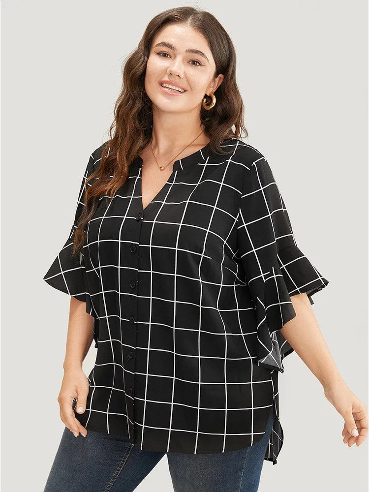 Plaid Notched Button Up Ruffle Sleeve Split Hem Blouse sold by Bloomchic product image thumbnail 3