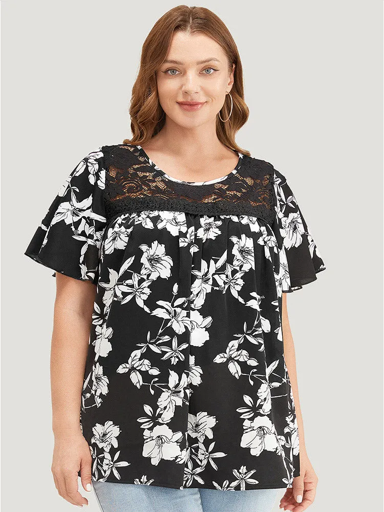 Floral Print Gathered Lace Patchwork Blouse sold by Bloomchic product image thumbnail 4