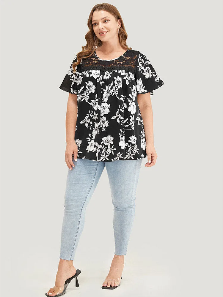 Floral Print Gathered Lace Patchwork Blouse sold by Bloomchic product image thumbnail 5