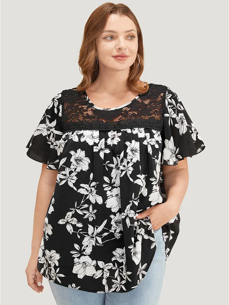 Floral Print Gathered Lace Patchwork Blouse sold by Bloomchic product image thumbnail 3