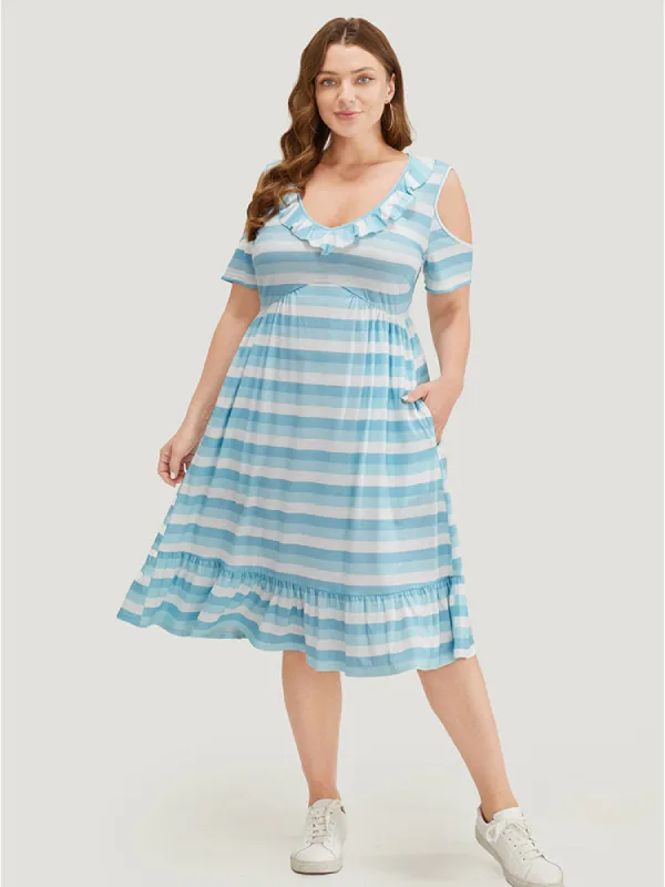 Striped Contrast Pocket Ruffle Trim Cold Shoulder Dress sold by Bloomchic