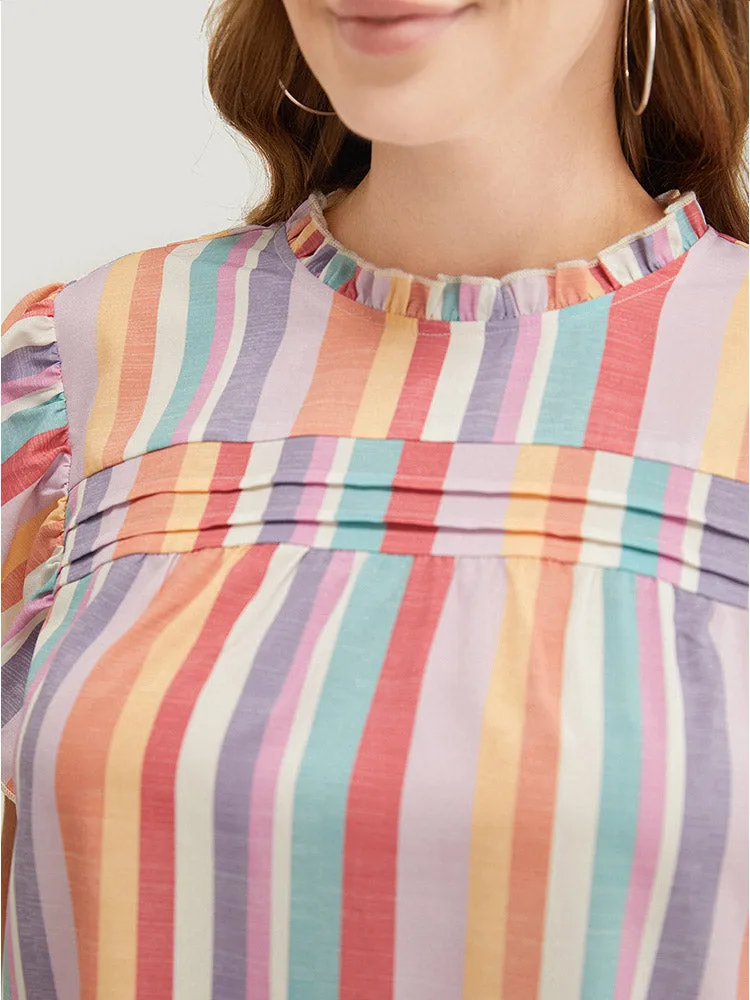 Striped Contrast Pleated Cap Sleeve Keyhole Frill Trim Blouse sold by Bloomchic product image thumbnail 3