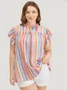 Striped Contrast Pleated Cap Sleeve Keyhole Frill Trim Blouse sold by Bloomchic