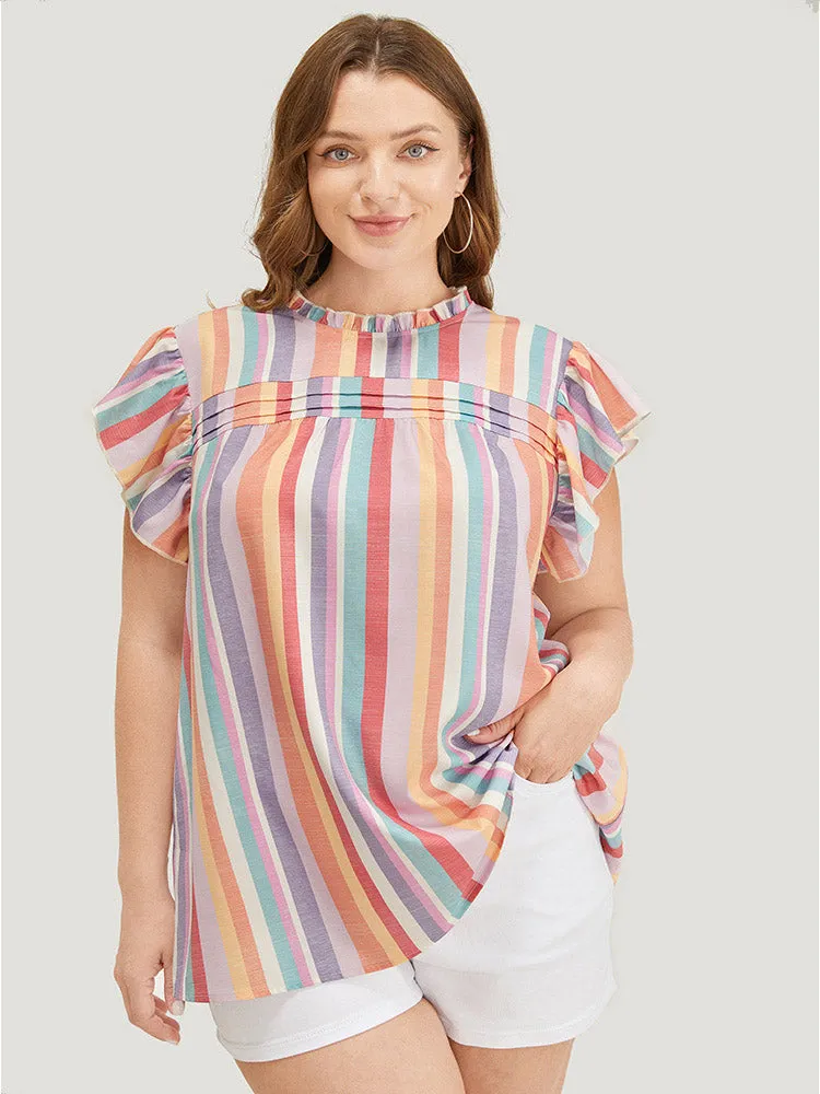 Striped Contrast Pleated Cap Sleeve Keyhole Frill Trim Blouse sold by Bloomchic product image thumbnail 4