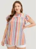 Striped Contrast Pleated Cap Sleeve Keyhole Frill Trim Blouse sold by Bloomchic