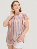 Striped Contrast Pleated Cap Sleeve Keyhole Frill Trim Blouse sold by Bloomchic