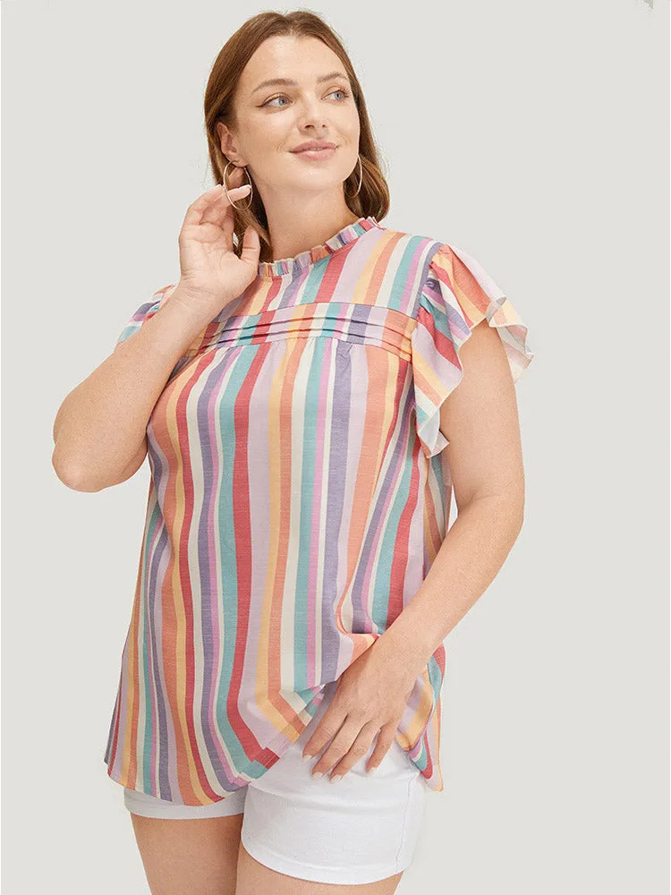 Striped Contrast Pleated Cap Sleeve Keyhole Frill Trim Blouse sold by Bloomchic product image thumbnail 5