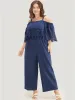 Plain Lace Trim Pocket Cold Shoulder Jumpsuit sold by Bloomchic