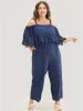 Plain Lace Trim Pocket Cold Shoulder Jumpsuit sold by Bloomchic