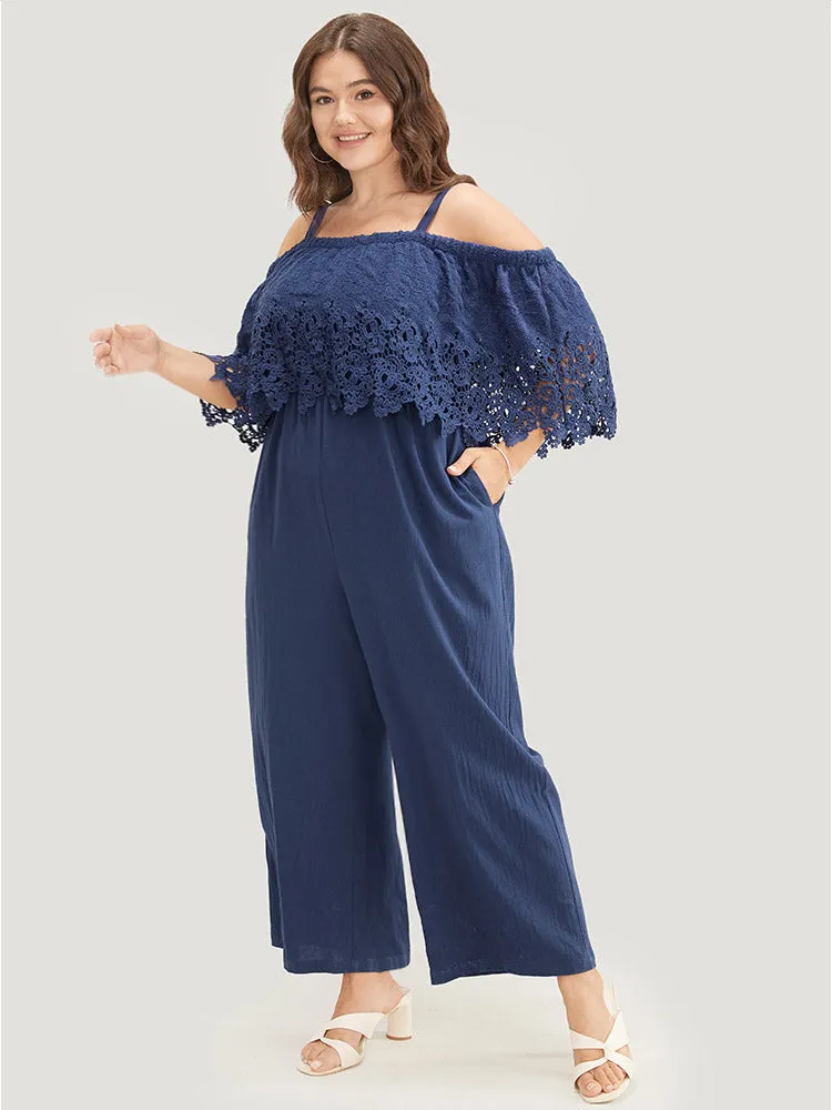 Plain Lace Trim Pocket Cold Shoulder Jumpsuit sold by Bloomchic