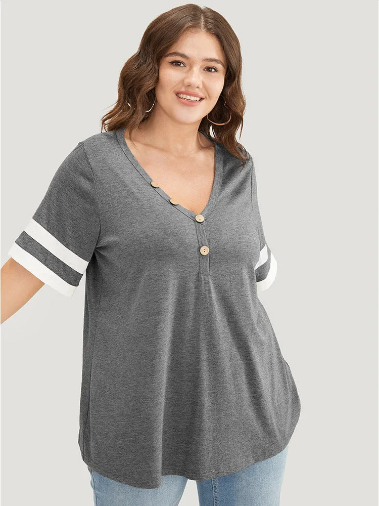 Striped Contrast V Neck Button Detail T-shirt sold by Bloomchic product image thumbnail 2