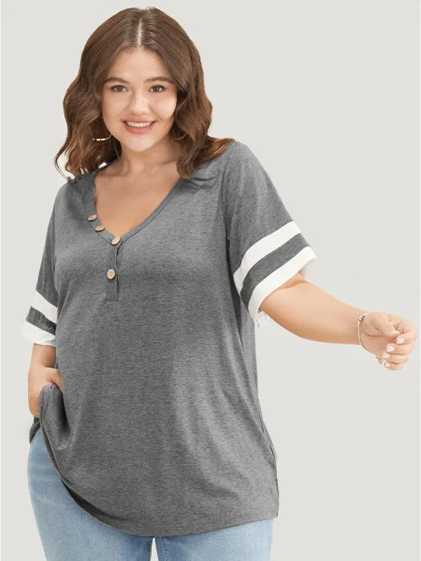 Striped Contrast V Neck Button Detail T-shirt sold by Bloomchic