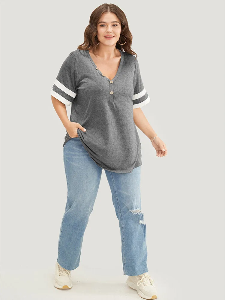 Striped Contrast V Neck Button Detail T-shirt sold by Bloomchic product image thumbnail 4