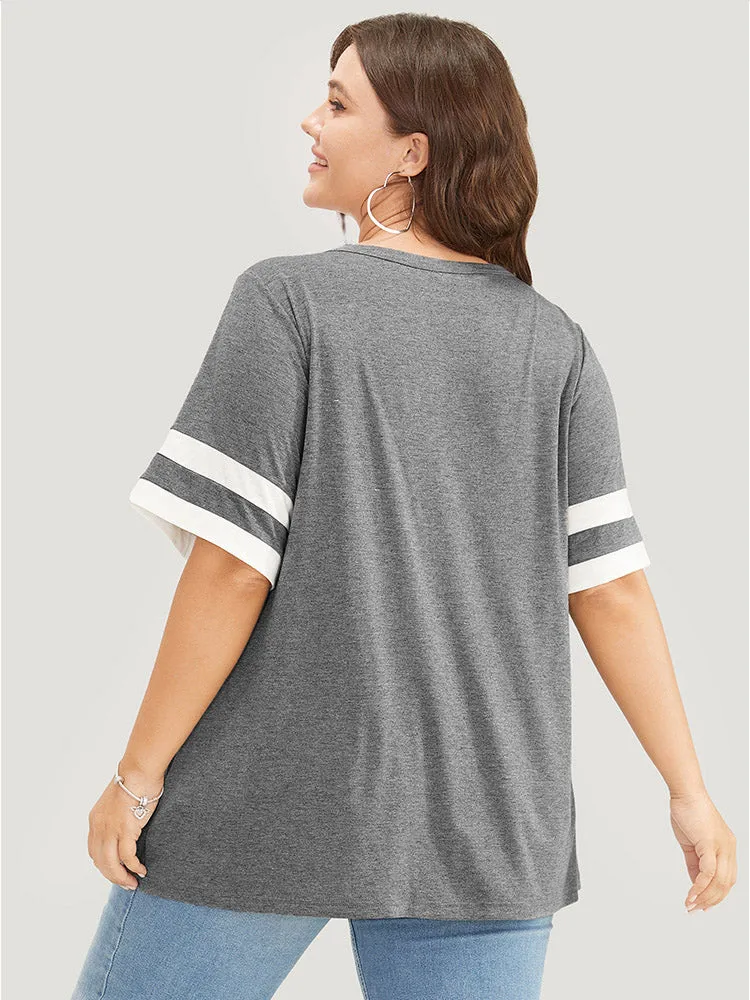 Striped Contrast V Neck Button Detail T-shirt sold by Bloomchic product image thumbnail 3