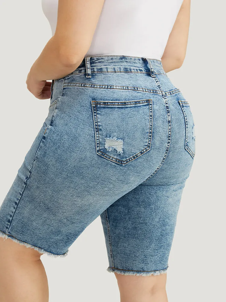 Skinny Moderately Stretchy Dark Wash Raw Hem Denim Shorts sold by Bloomchic product image thumbnail 2