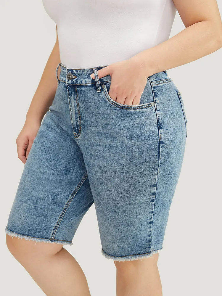 Skinny Moderately Stretchy Dark Wash Raw Hem Denim Shorts sold by Bloomchic product image thumbnail 3