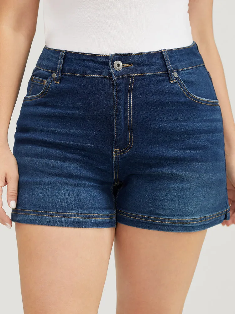 Moderately Stretchy High Rise Dark Wash Split Hem Denim Shorts sold by Bloomchic